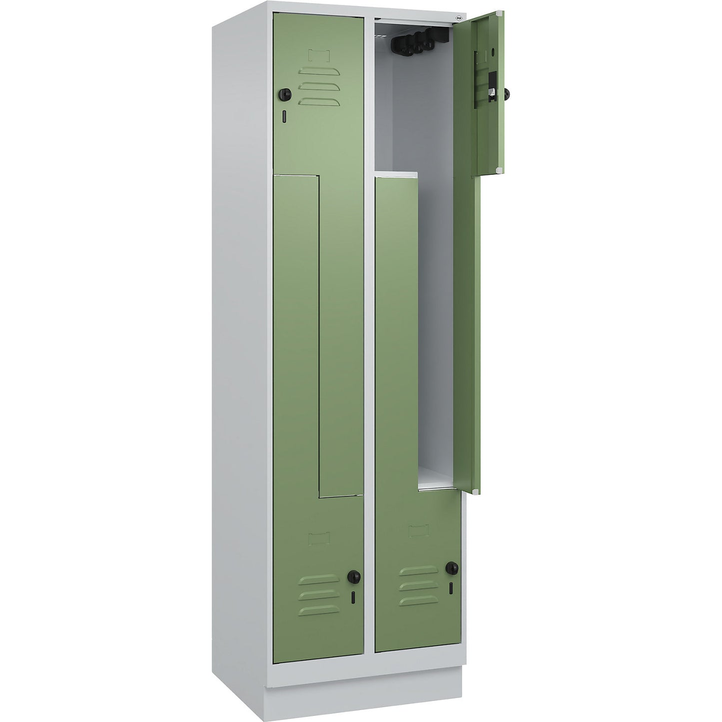 Classic PLUS Z locker, 2 compartments, light grey/reseda green, W 600 mm, with base plinth, rotary bolt.