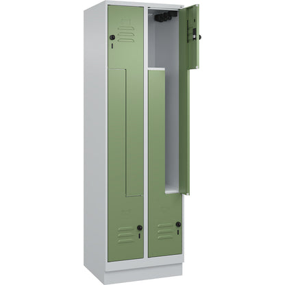 Classic PLUS Z locker, 2 compartments, light grey/reseda green, W 600 mm, with base plinth, rotary bolt.