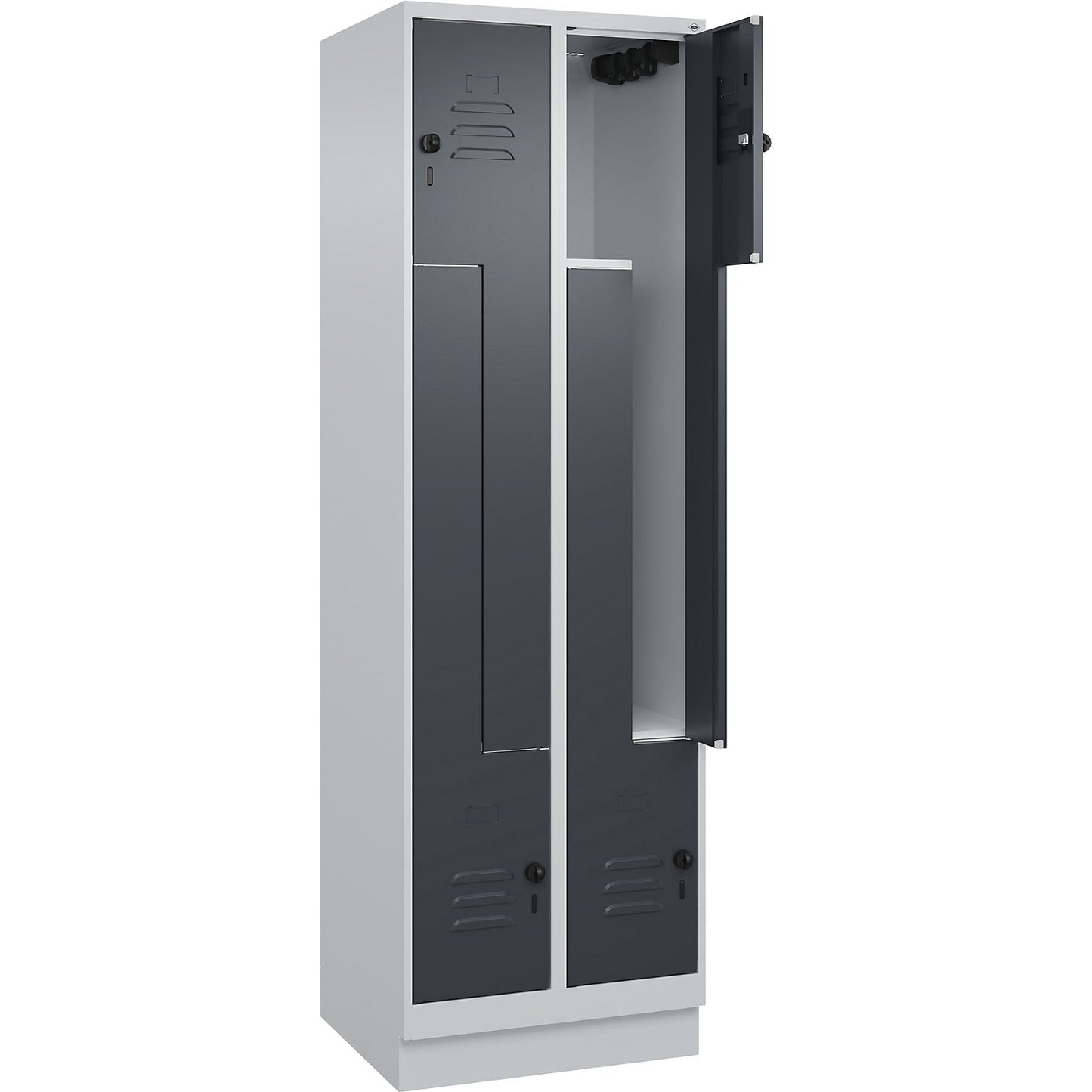Classic PLUS Z locker, 2 compartments, light grey/grey, W 600 mm, with base plinth, rotary bolt.