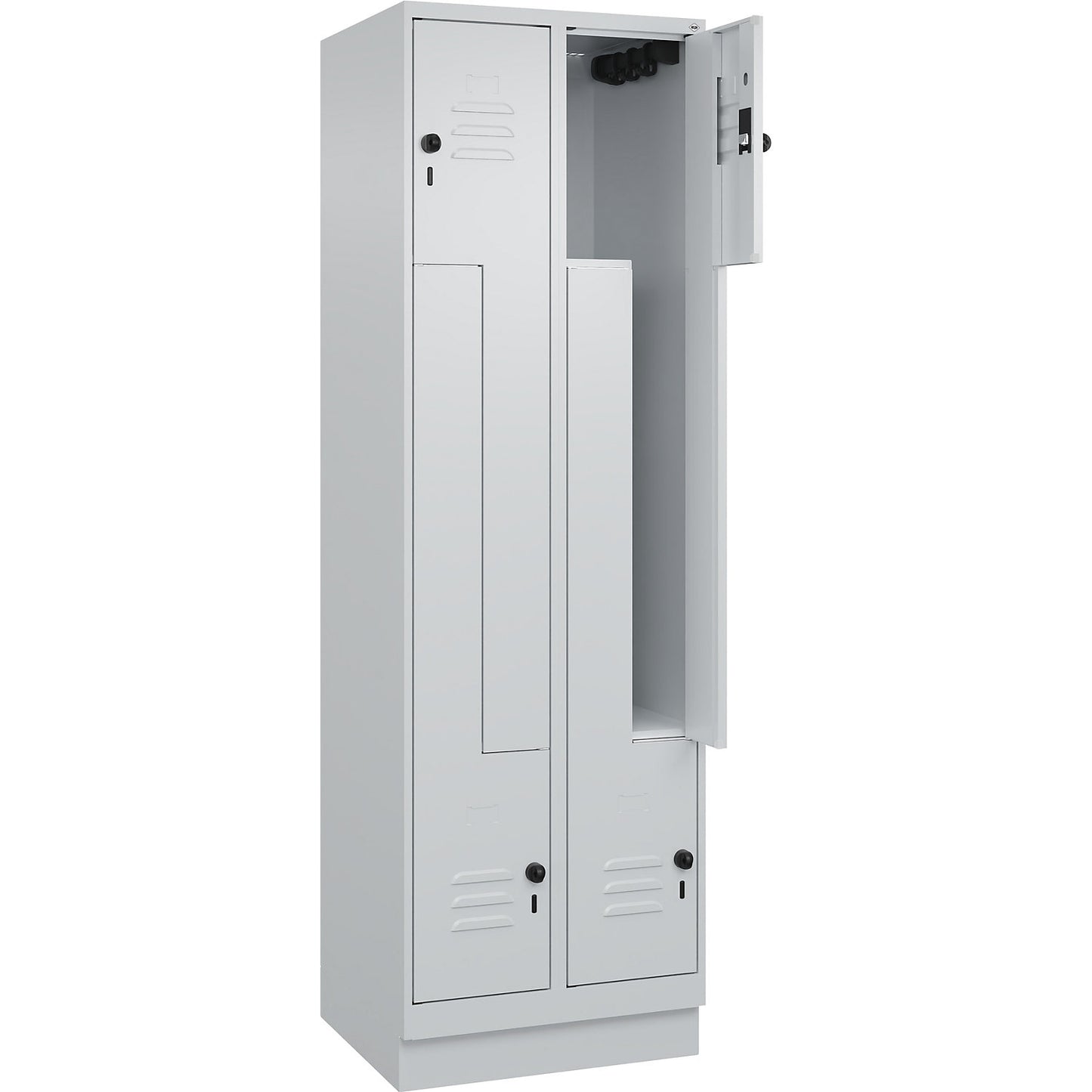 Classic PLUS Z locker, 2 compartments, light grey, W 600 mm, with base plinth, rotary bolt.