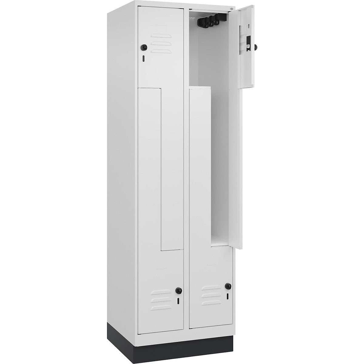 Classic PLUS Z locker, 2 compartments, traffic white, W 600 mm, with base plinth, rotary bolt.