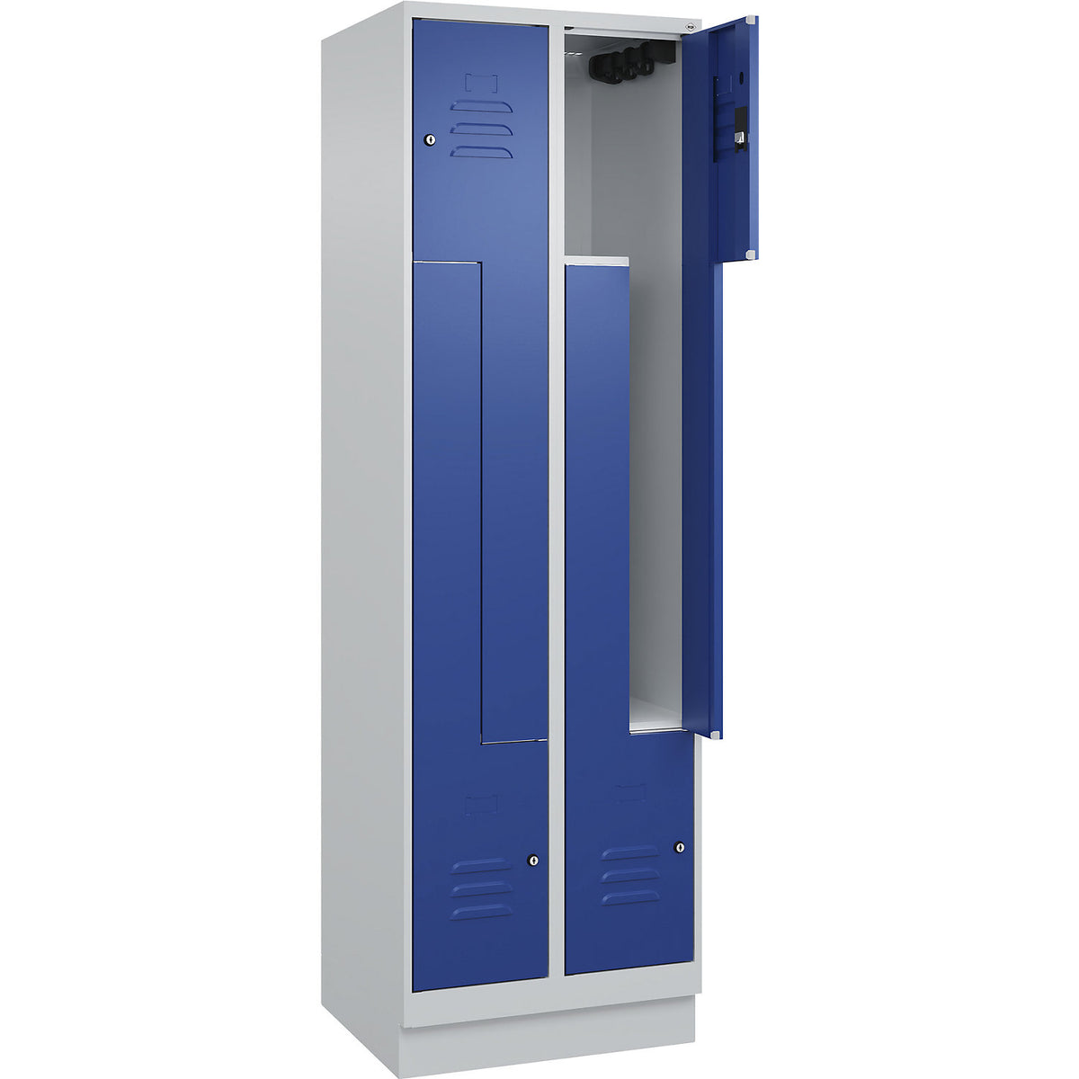 Classic PLUS Z locker, 2 compartments, light grey/gentian blue, W 600 mm, with base plinth, cylinder lock.