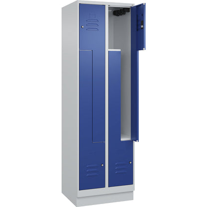 Classic PLUS Z locker, 2 compartments, light grey/gentian blue, W 600 mm, with base plinth, cylinder lock.