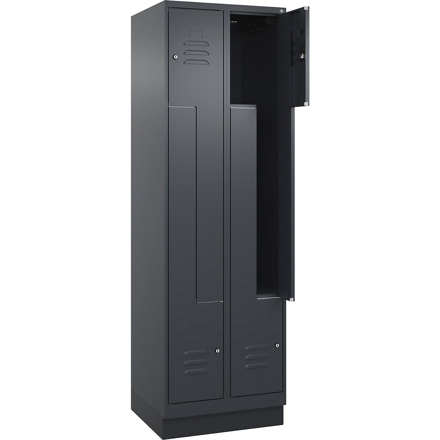 Classic PLUS Z locker, 2 compartments, grey, W 600 mm, with base plinth, cylinder lock.