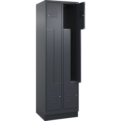 Classic PLUS Z locker, 2 compartments, grey, W 600 mm, with base plinth, cylinder lock.
