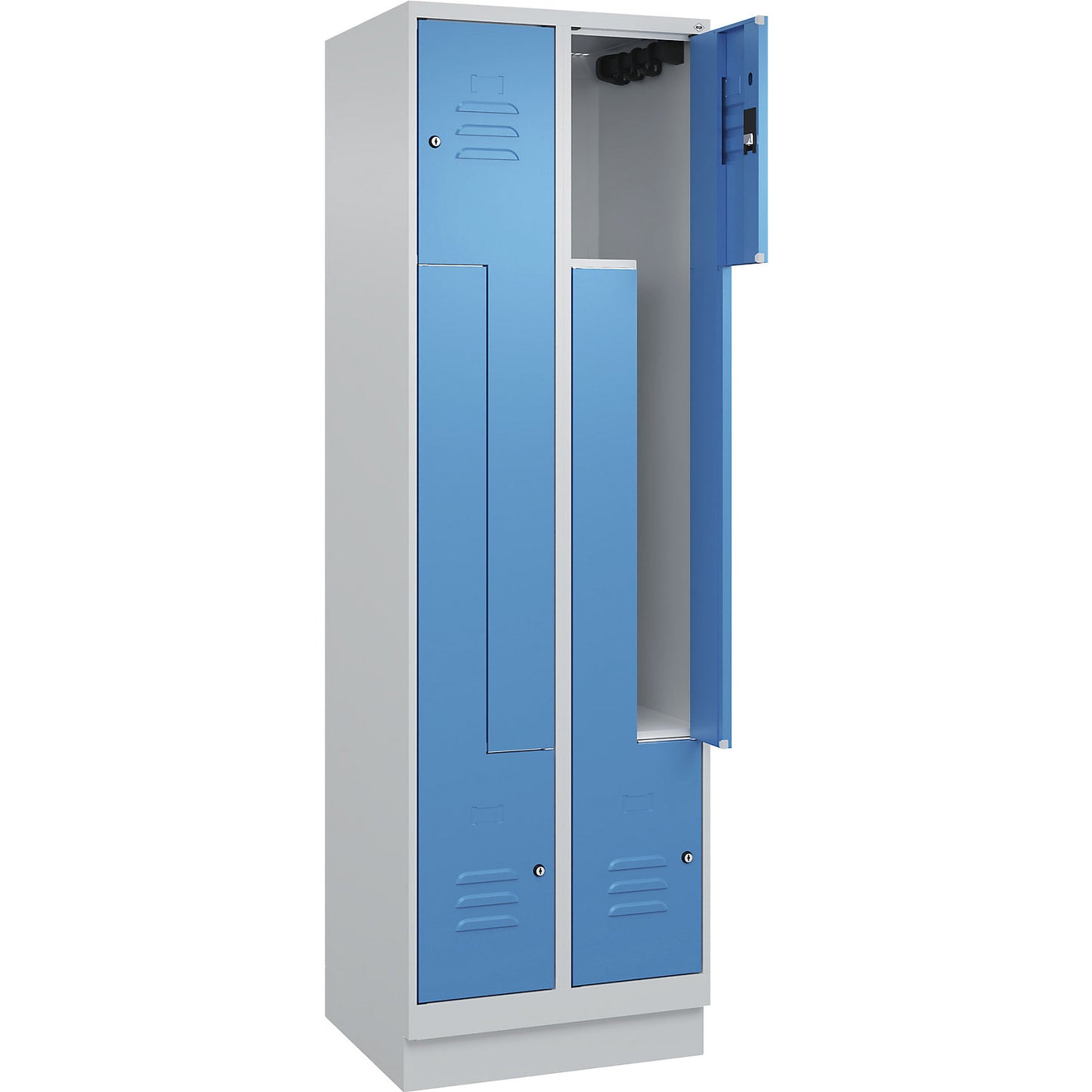Classic PLUS Z locker, 2 compartments, light grey/light blue, W 600 mm, with base plinth, cylinder lock.