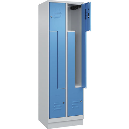 Classic PLUS Z locker, 2 compartments, light grey/light blue, W 600 mm, with base plinth, cylinder lock.