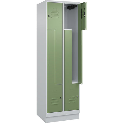 Classic PLUS Z locker, 2 compartments, light grey/reseda green, W 600 mm, with base plinth, cylinder lock.