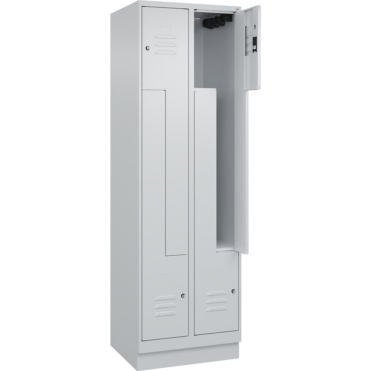 Classic PLUS Z locker, 2 compartments, light grey, W 600 mm, with base plinth, cylinder lock.