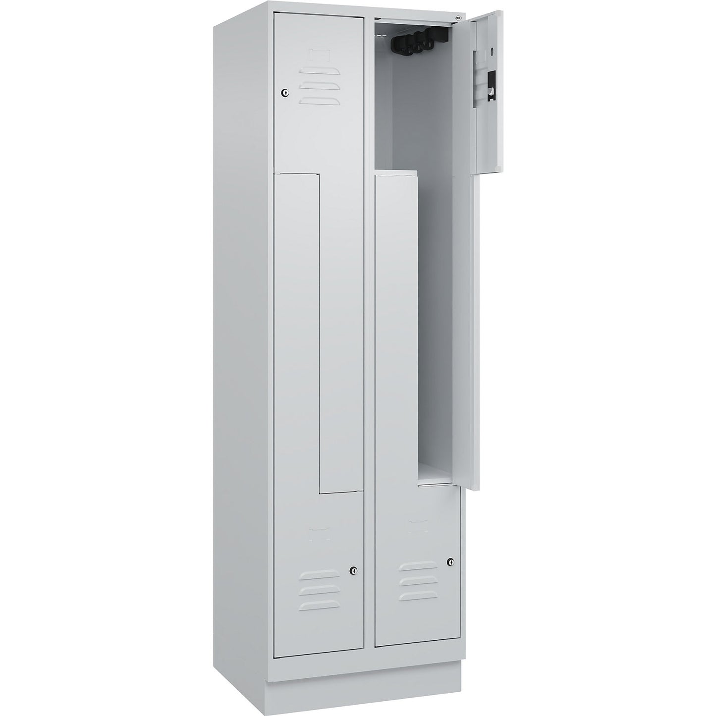 Classic PLUS Z locker, 2 compartments, light grey, W 600 mm, with base plinth, cylinder lock.