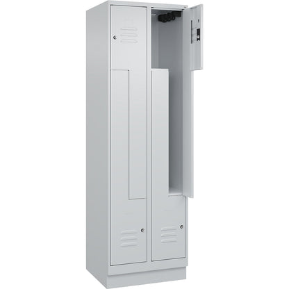 Classic PLUS Z locker, 2 compartments, light grey, W 600 mm, with base plinth, cylinder lock.