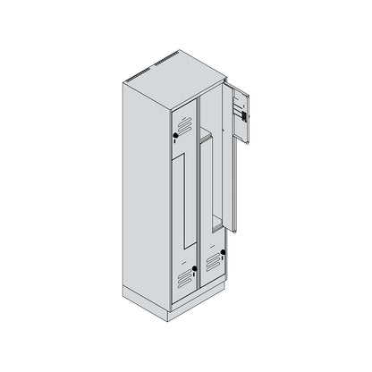 Classic PLUS Z locker, 2 compartments, light grey, W 600 mm, with base plinth, rotary bolt.