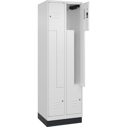 Classic PLUS Z locker, 2 compartments, traffic white, W 600 mm, with base plinth, cylinder lock.