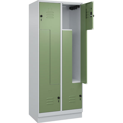 Classic PLUS Z locker, 2 compartments, light grey/reseda green, W 800 mm, with base plinth, rotary bolt.