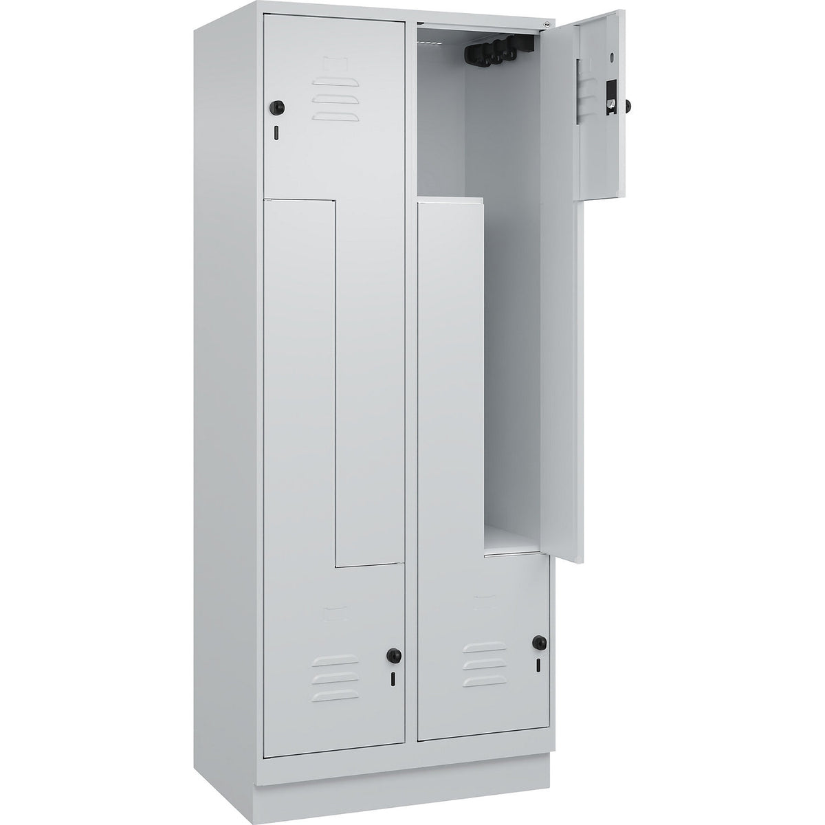 Classic PLUS Z locker, 2 compartments, light grey, W 800 mm, with base plinth, rotary bolt.