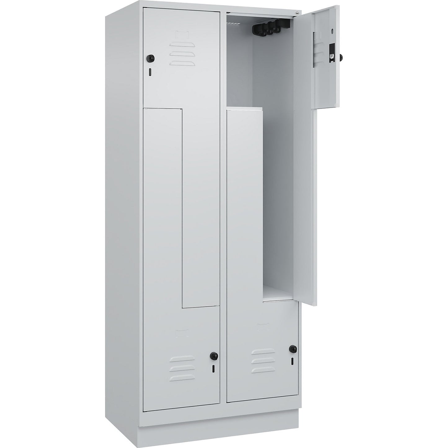 Classic PLUS Z locker, 2 compartments, light grey, W 800 mm, with base plinth, rotary bolt.