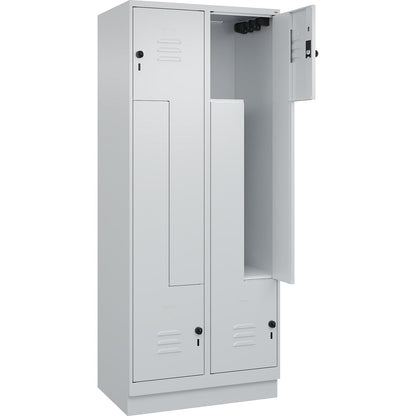 Classic PLUS Z locker, 2 compartments, light grey, W 800 mm, with base plinth, rotary bolt.