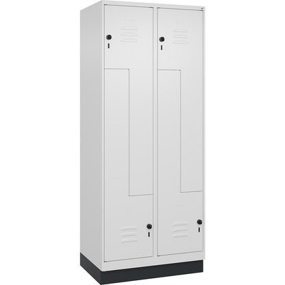 Classic PLUS Z locker, 2 compartments, traffic white, W 800 mm, with base plinth, rotary bolt.