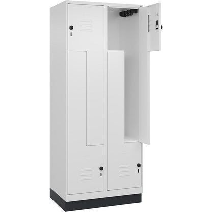 Classic PLUS Z locker, 2 compartments, traffic white, W 800 mm, with base plinth, rotary bolt.