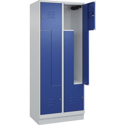 Classic PLUS Z locker, 2 compartments, light grey/gentian blue, W 800 mm, with base plinth, cylinder lock.