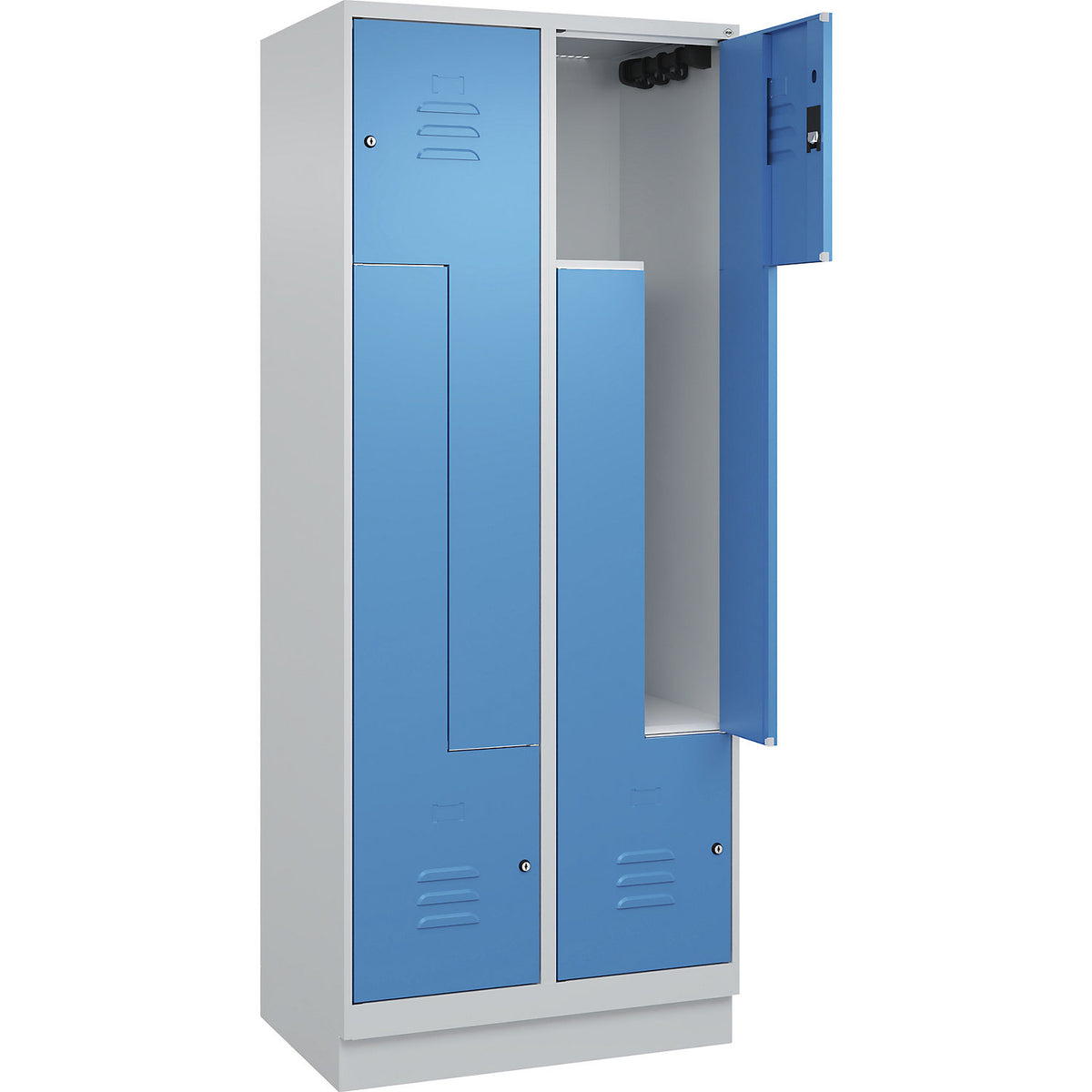 Classic PLUS Z locker, 2 compartments, light grey/light blue, W 800 mm, with base plinth, cylinder lock.