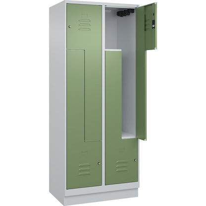 Classic PLUS Z locker, 2 compartments, light grey/reseda green, W 800 mm, with base plinth, cylinder lock.