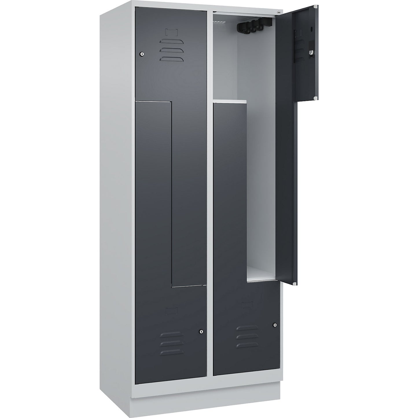 Classic PLUS Z locker, 2 compartments, light grey/grey, W 800 mm, with base plinth, cylinder lock.