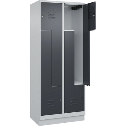 Classic PLUS Z locker, 2 compartments, light grey/grey, W 800 mm, with base plinth, cylinder lock.