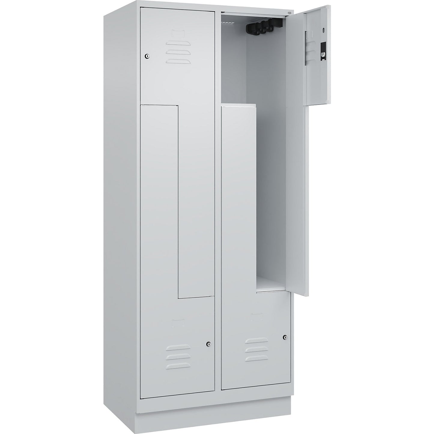 Classic PLUS Z locker, 2 compartments, light grey, W 800 mm, with base plinth, cylinder lock.