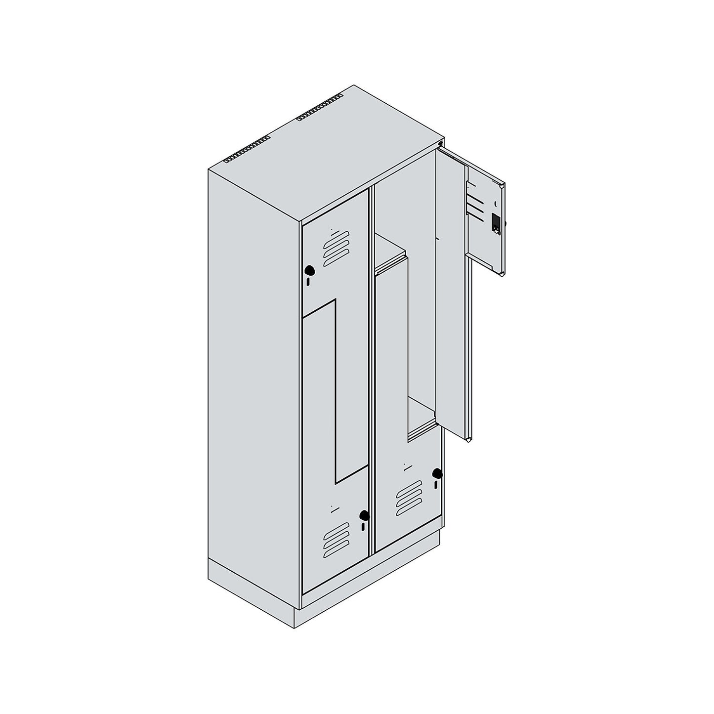Classic PLUS Z locker, 2 compartments, light grey, W 800 mm, with base plinth, rotary bolt.