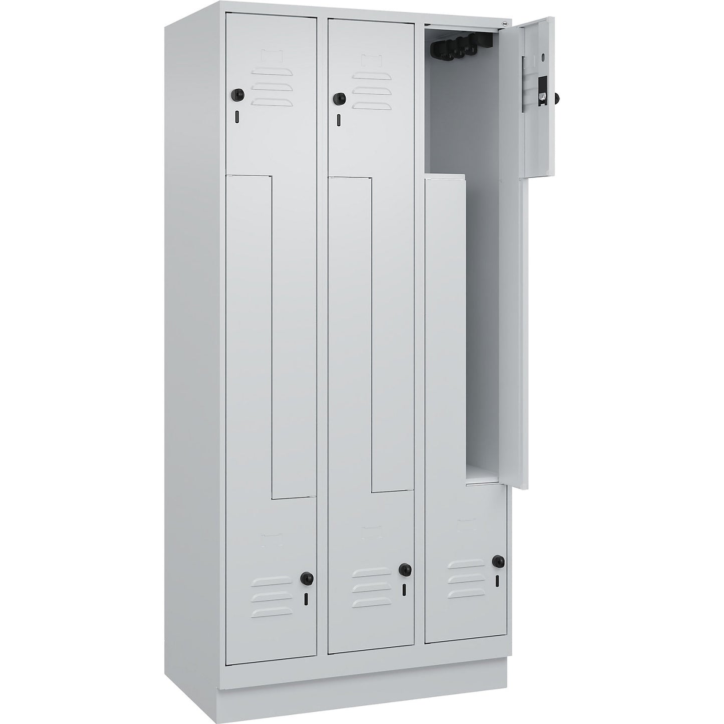 Classic PLUS Z locker, 3 compartments, light grey, W 900 mm, with base plinth, rotary bolt.