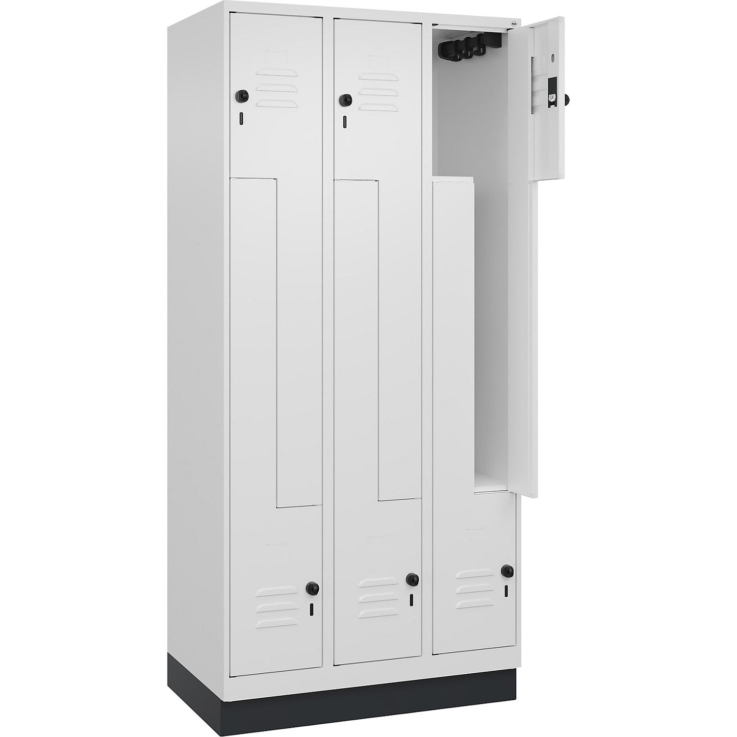 Classic PLUS Z locker, 3 compartments, traffic white, W 900 mm, with base plinth, rotary bolt.