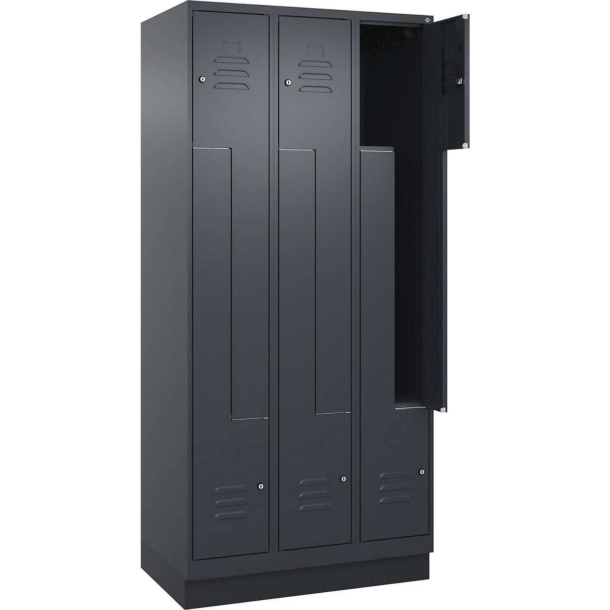 Classic PLUS Z locker, 3 compartments, grey, W 900 mm, with base plinth, cylinder lock.