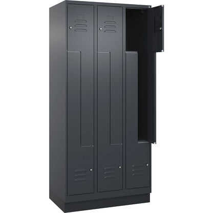 Classic PLUS Z locker, 3 compartments, grey, W 900 mm, with base plinth, cylinder lock.