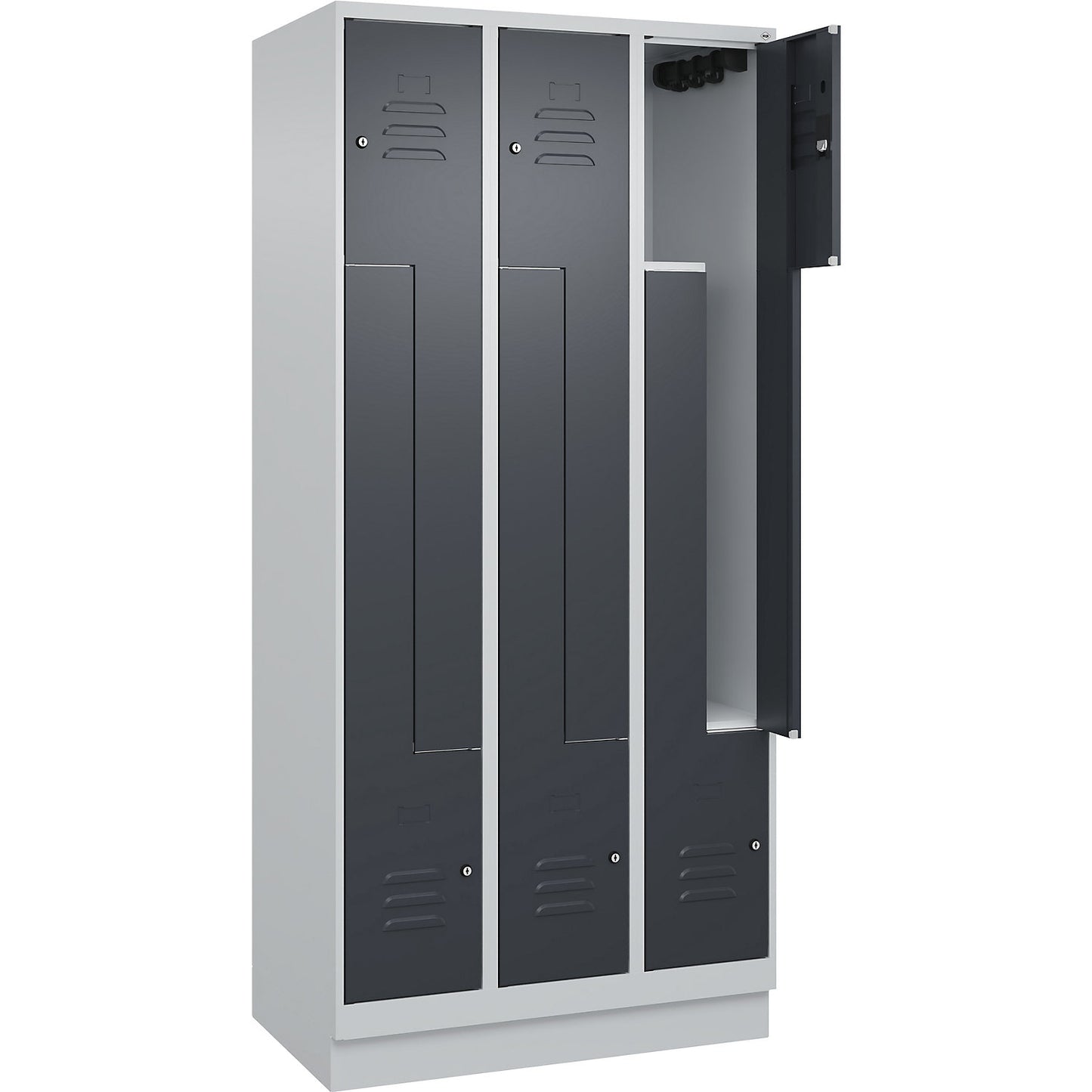 Classic PLUS Z locker, 3 compartments, light grey/grey, W 900 mm, with base plinth, cylinder lock.