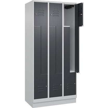 Classic PLUS Z locker, 3 compartments, light grey/grey, W 900 mm, with base plinth, cylinder lock.