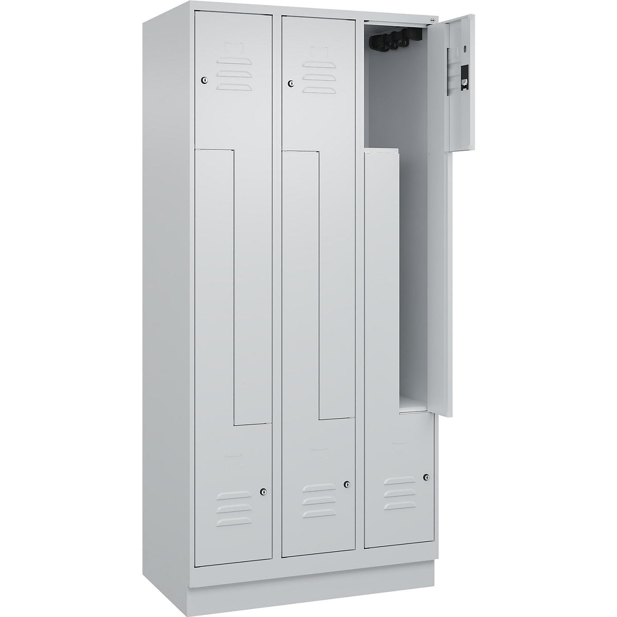 Classic PLUS Z locker, 3 compartments, light grey, W 900 mm, with base plinth, cylinder lock.