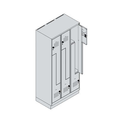 Classic PLUS Z locker, 3 compartments, traffic white, W 900 mm, with base plinth, rotary bolt.