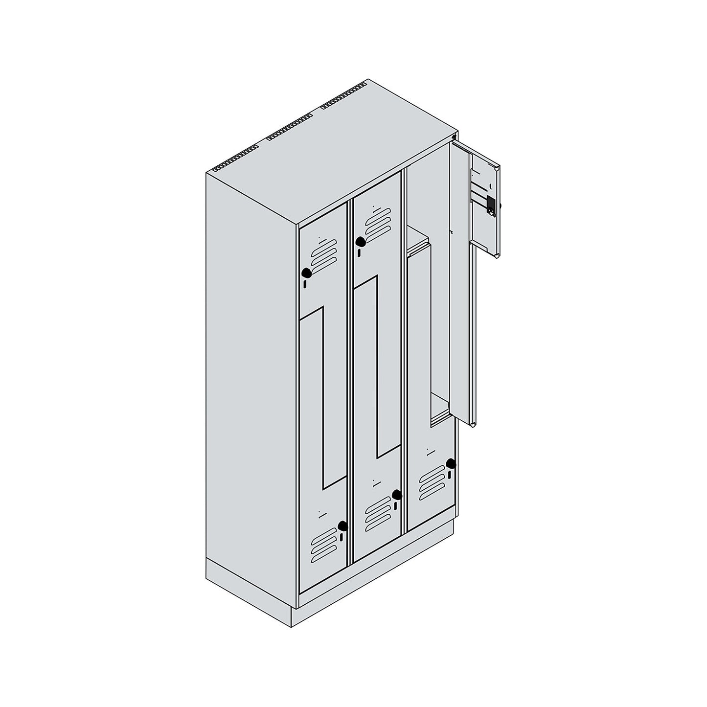 Classic PLUS Z locker, 3 compartments, light grey/reseda green, W 900 mm, with base plinth, rotary bolt.