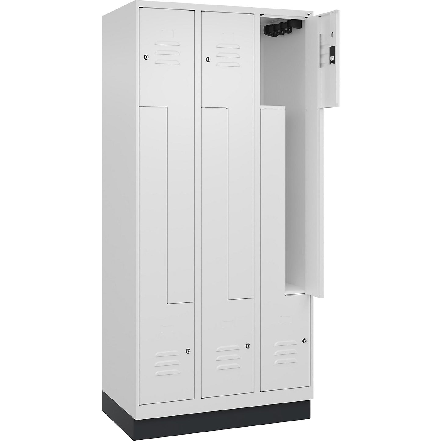 Classic PLUS Z locker, 3 compartments, traffic white, W 900 mm, with base plinth, cylinder lock.