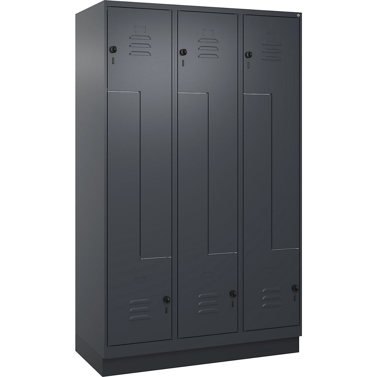 Classic PLUS Z locker, 3 compartments, grey, W 1200 mm, with base plinth, rotary bolt.