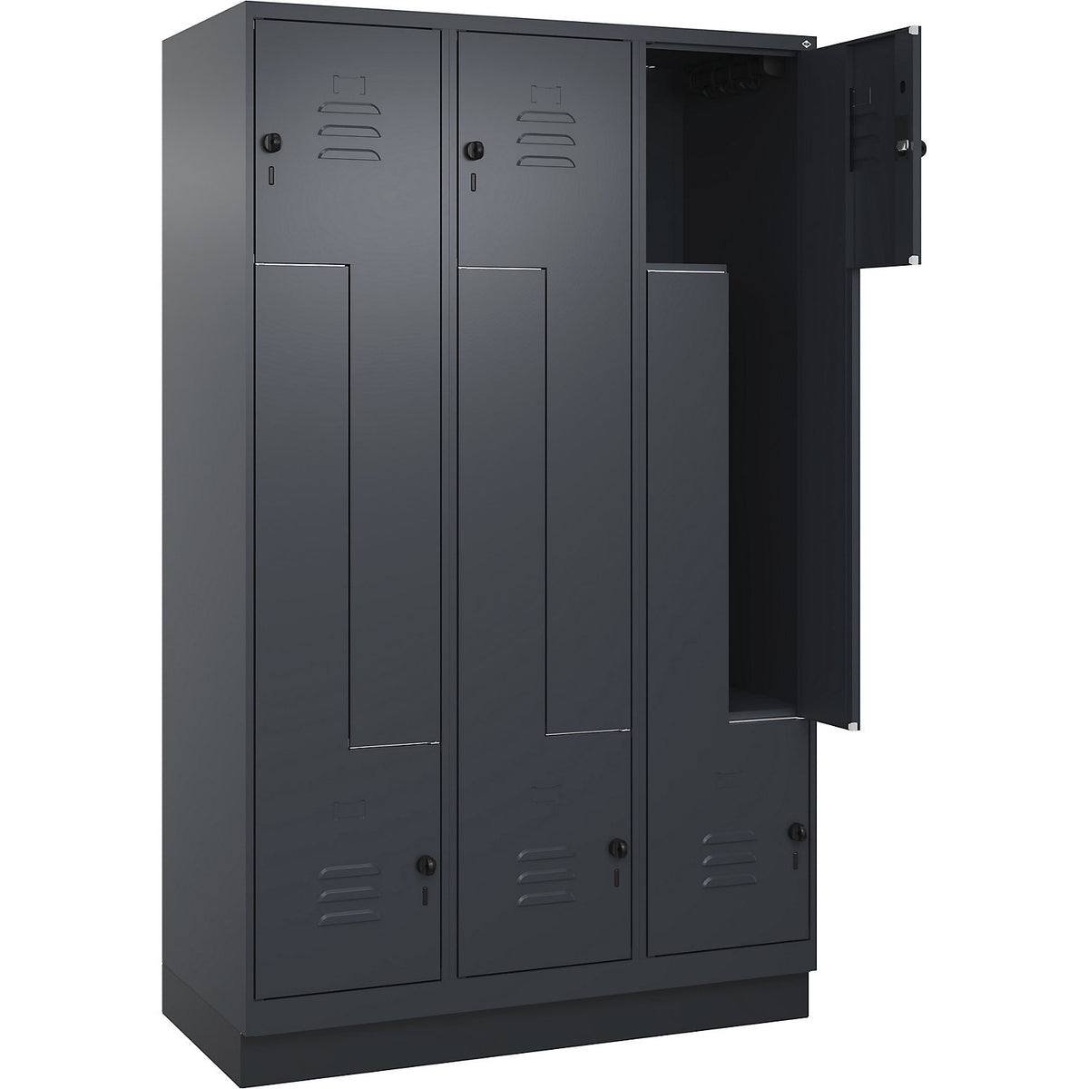 Classic PLUS Z locker, 3 compartments, grey, W 1200 mm, with base plinth, rotary bolt.