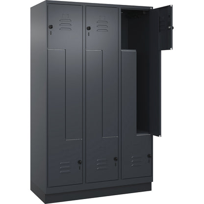 Classic PLUS Z locker, 3 compartments, grey, W 1200 mm, with base plinth, rotary bolt.