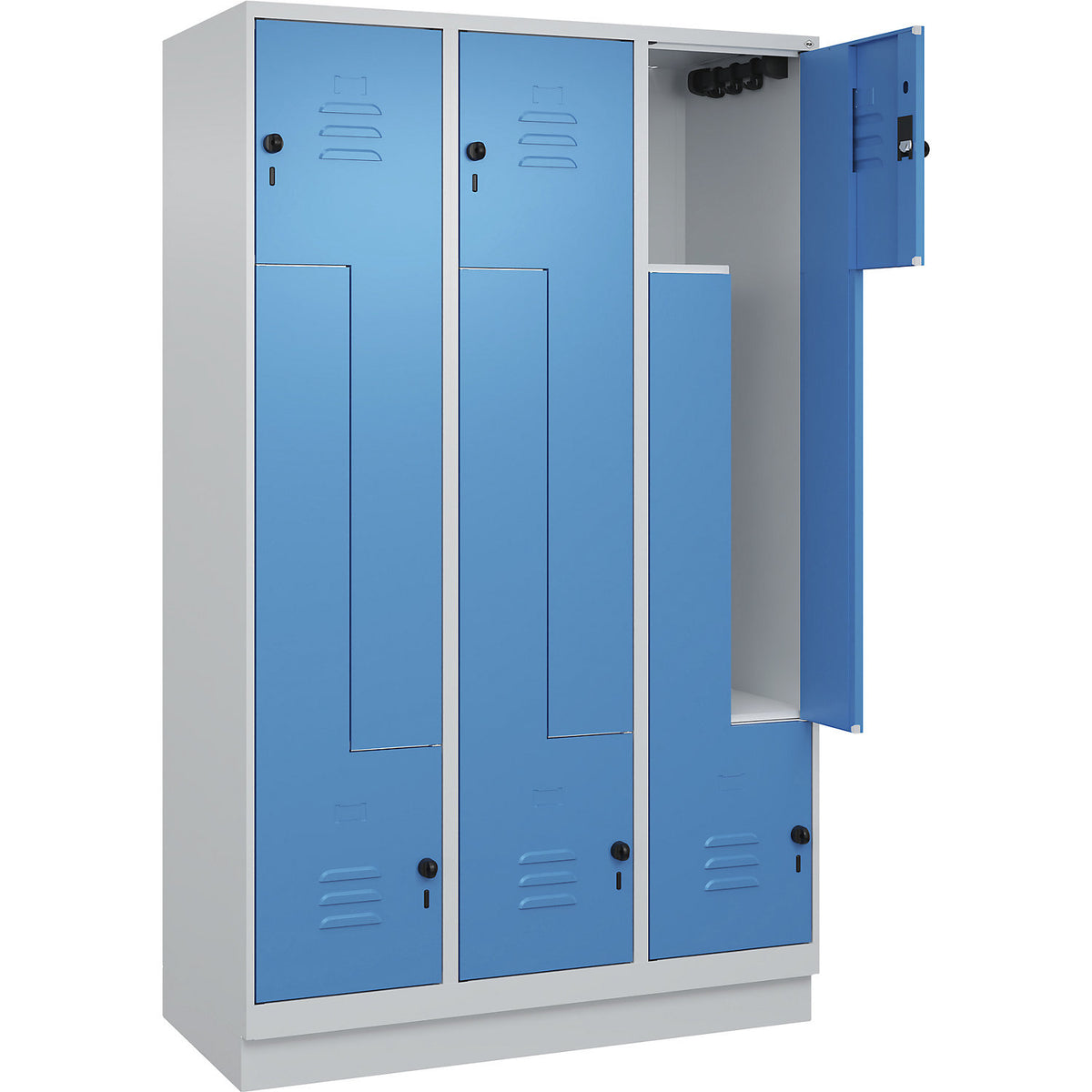 Classic PLUS Z locker, 3 compartments, light grey/light blue, W 1200 mm, with base plinth, rotary bolt.