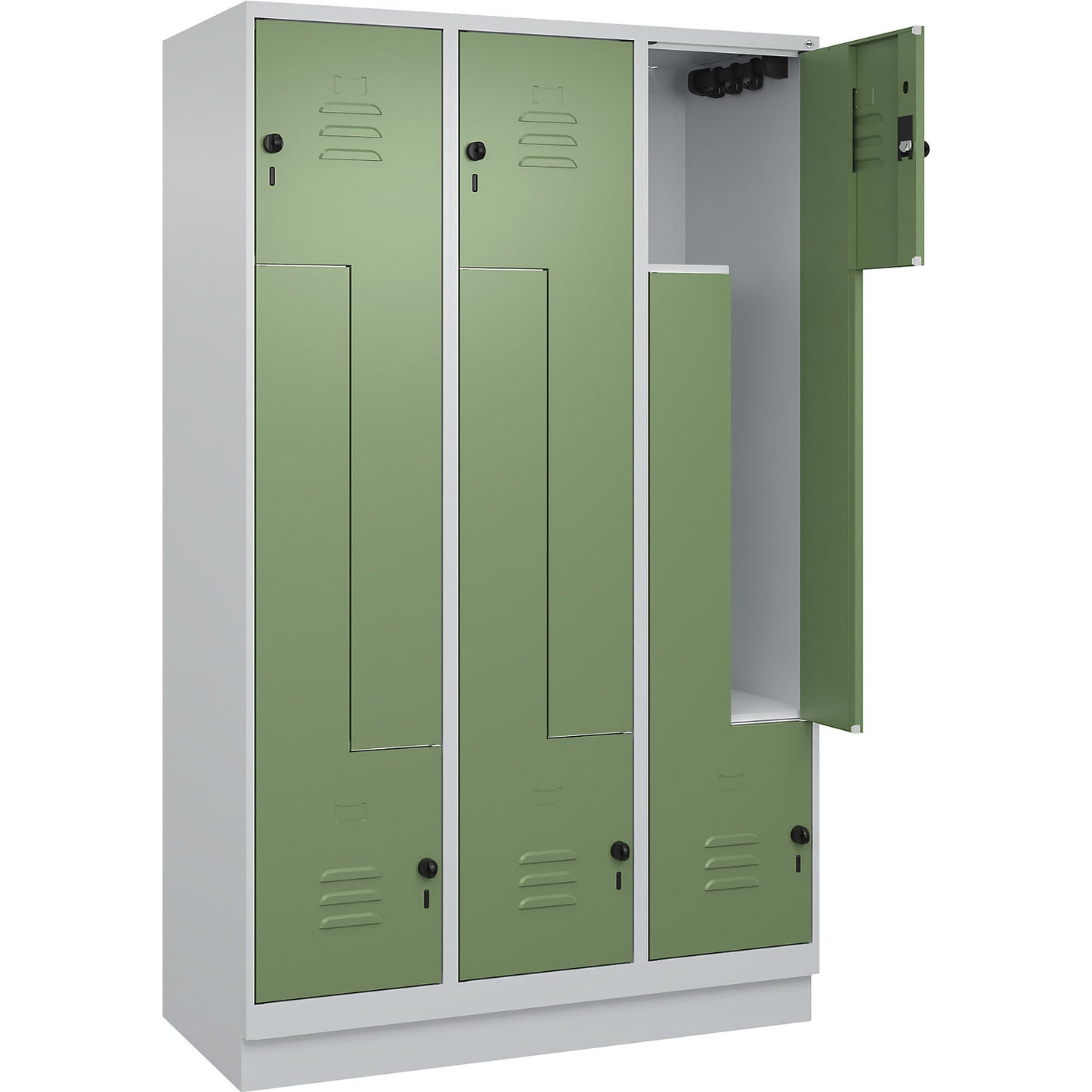 Classic PLUS Z locker, 3 compartments, light grey/reseda green, W 1200 mm, with base plinth, rotary bolt.