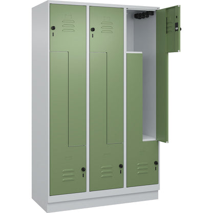 Classic PLUS Z locker, 3 compartments, light grey/reseda green, W 1200 mm, with base plinth, rotary bolt.