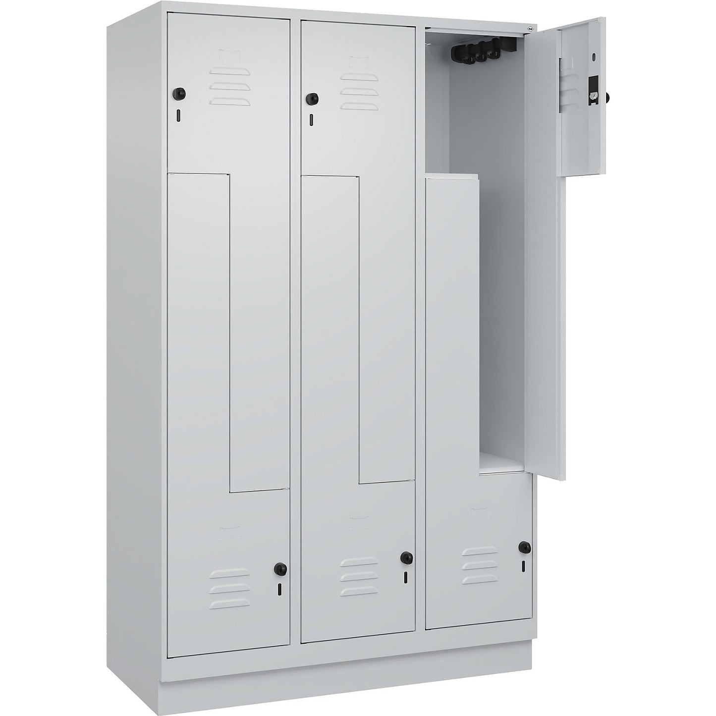 Classic PLUS Z locker, 3 compartments, light grey, W 1200 mm, with base plinth, rotary bolt.