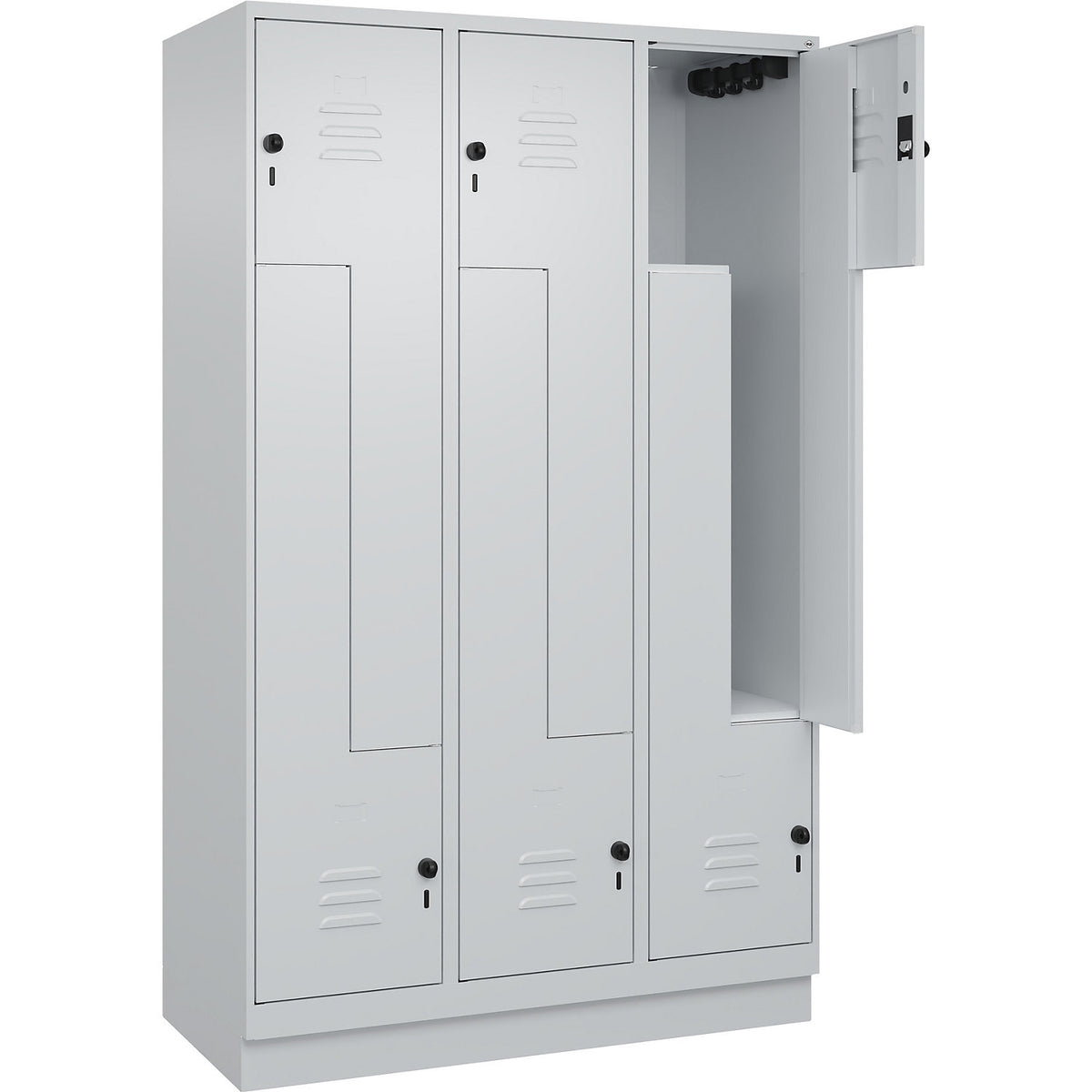 Classic PLUS Z locker, 3 compartments, light grey, W 1200 mm, with base plinth, rotary bolt.