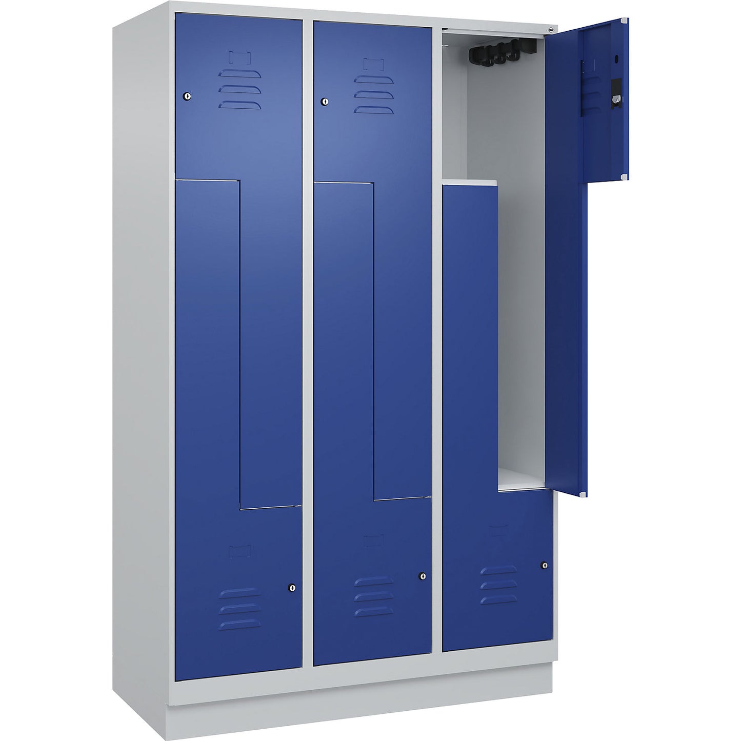 Classic PLUS Z locker, 3 compartments, light grey/gentian blue, W 1200 mm, with base plinth, cylinder lock.