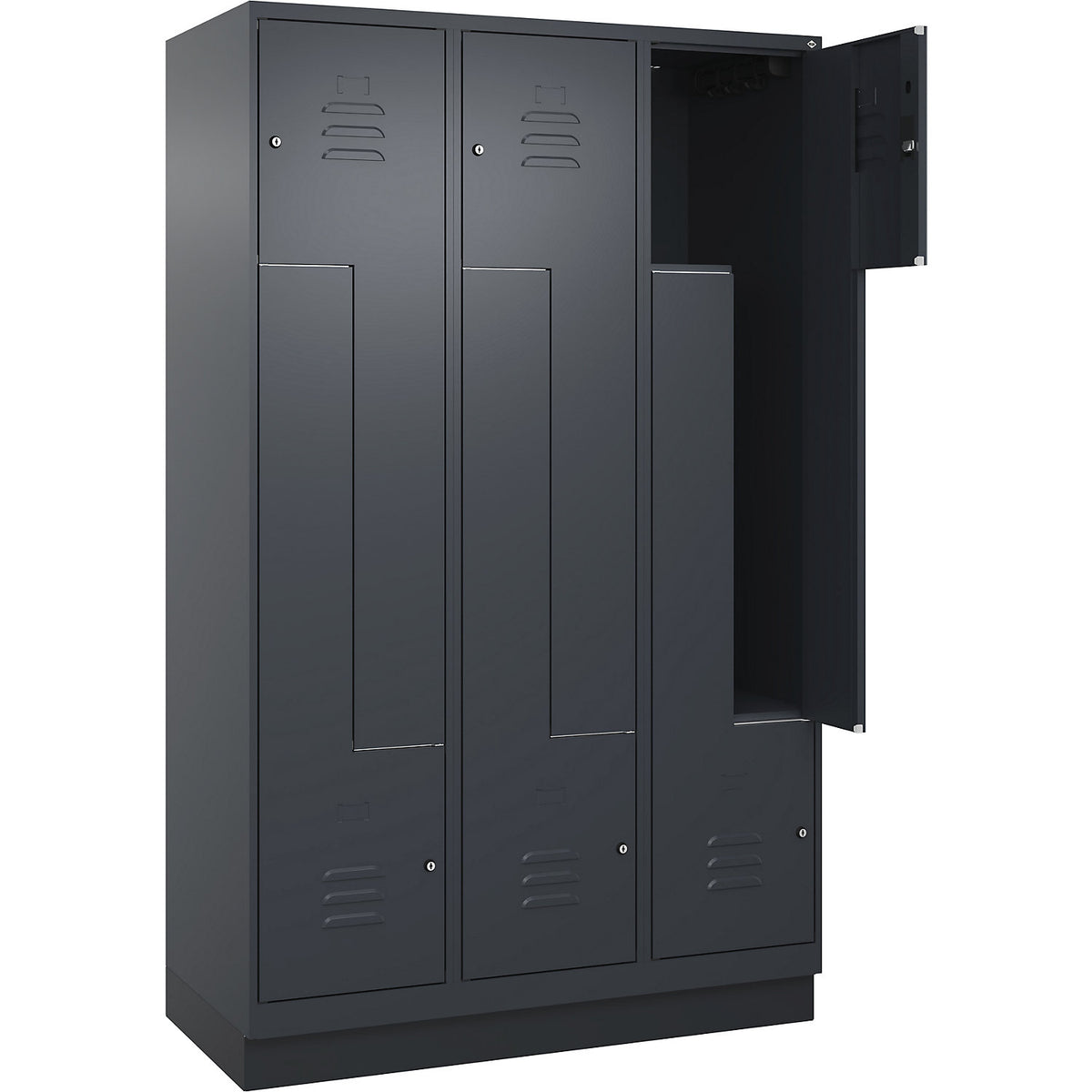 Classic PLUS Z locker, 3 compartments, grey, W 1200 mm, with base plinth, cylinder lock.